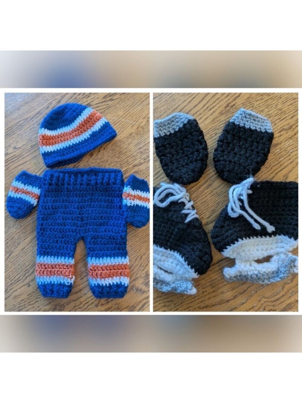 NHL hand-crocheted blue, orange and white HOCKEY infant knit set. 0-3 Months New